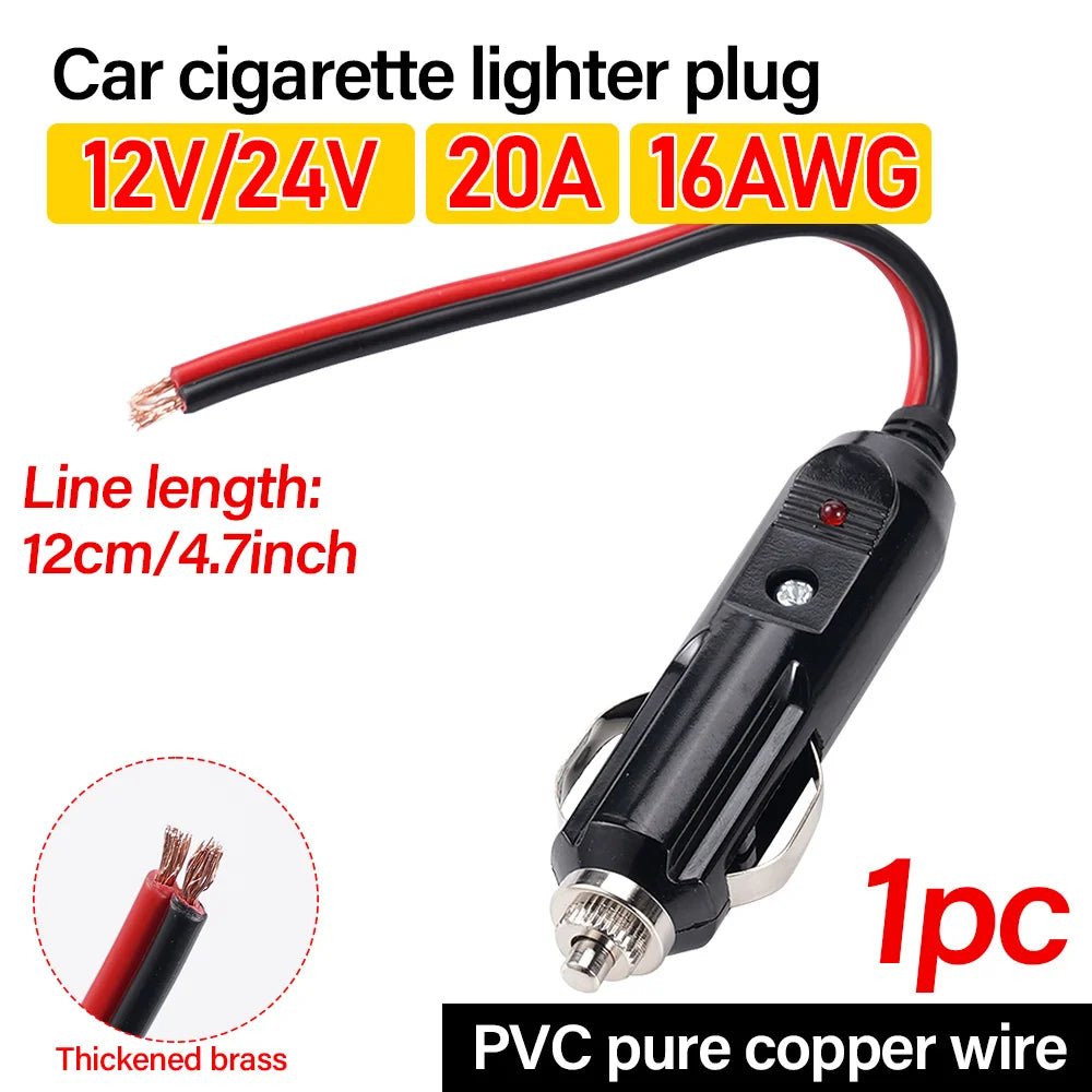 Copper Wire High-power 16AWG 12V 24V Auto 20A Car Cigarette Lighter LED Socket Plug Connector Adapte