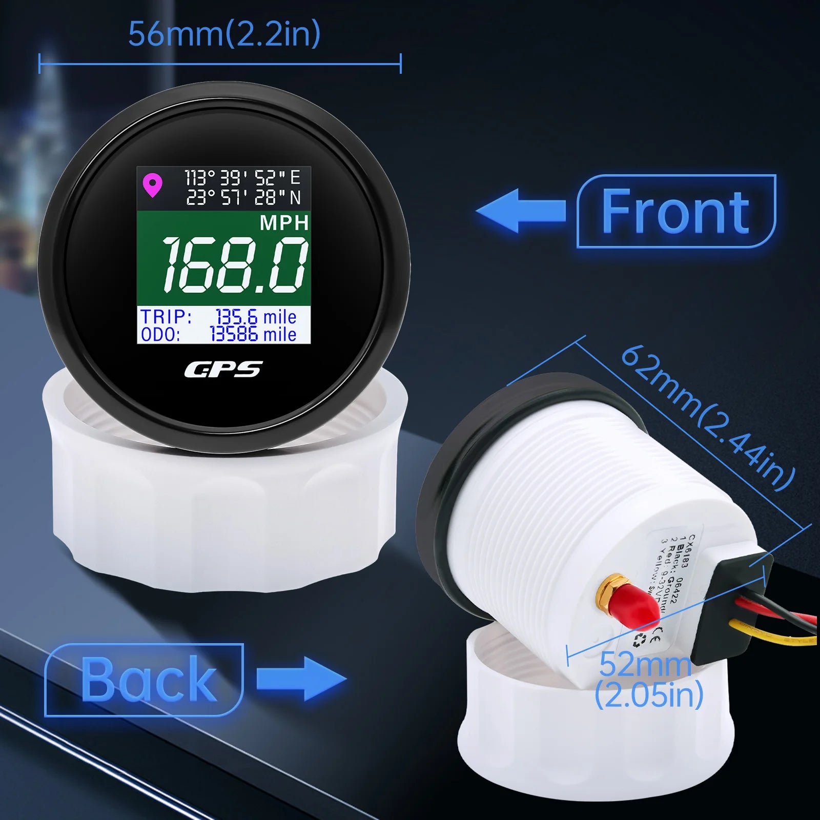 AD 52mm 12V 24V Digital GPS Speedometer TFT Screen | Trip ODO Mph Knot Km/h GPS Anten alternate view