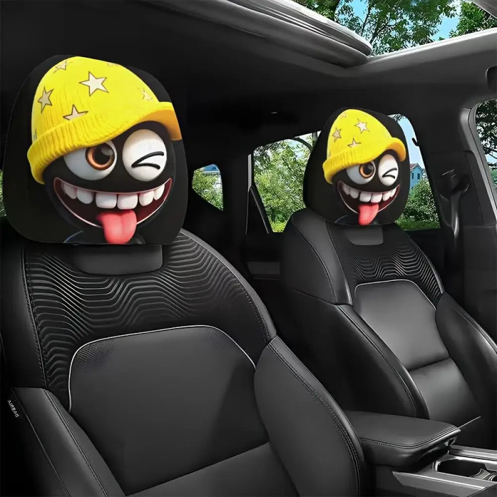 2Pcs Cute Black Coal Ball Car Headrest Covers, Yellow Star Beanie Winking Tongue Out, 2D Printed Ela