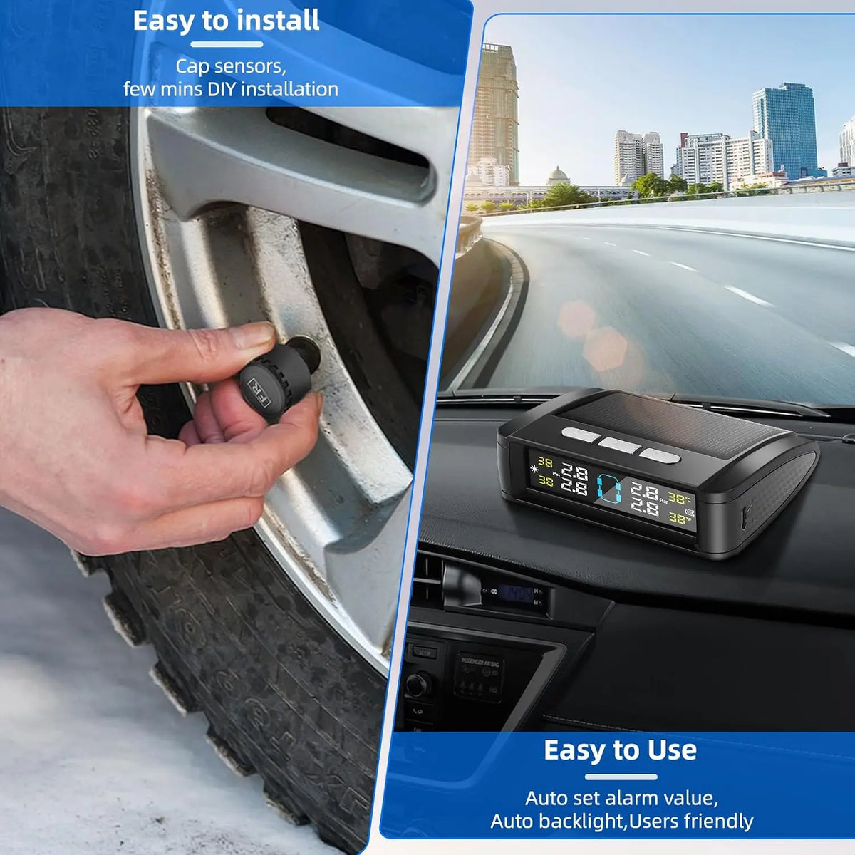 Tire Pressure Monitoring System, Universal Wireless TPMS with Solar And USB Charging, 5 Alarm Modes, Real-Time Monitoring of Pressure And Temperature, Auto And Color Display Screens, Suitable for 4-Wheeled Vehicles