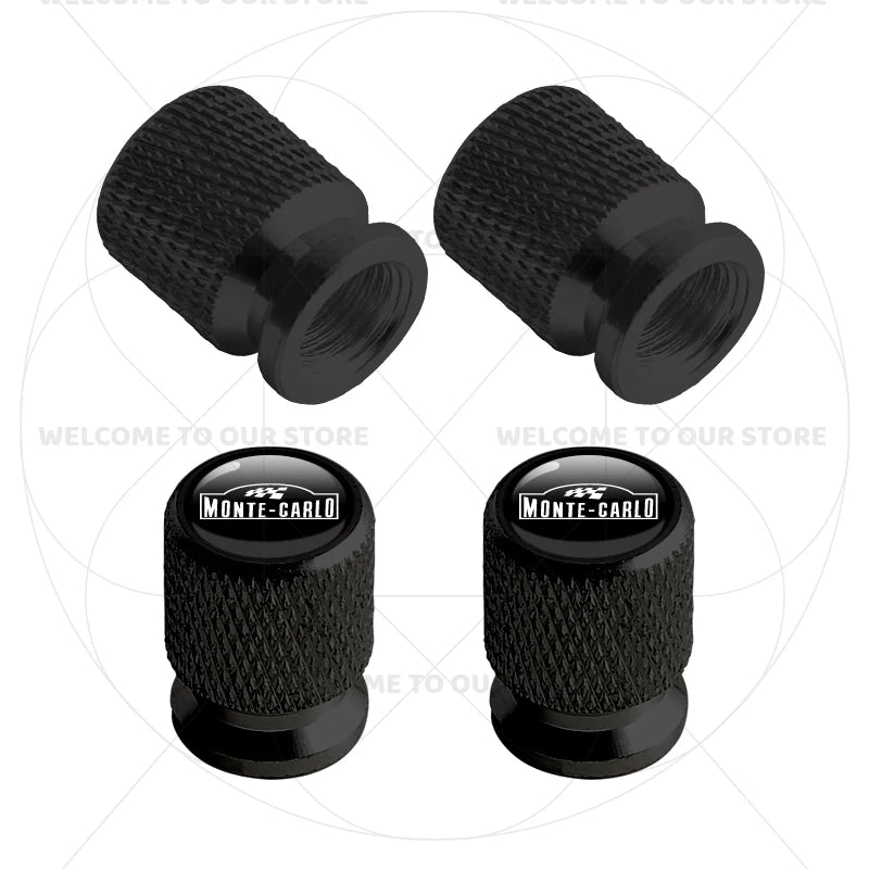 Skoda Monte Carlo Logo Tire Valve Caps | 4Pcs Aluminum Wheel Stem Air Dust Covers close-up view