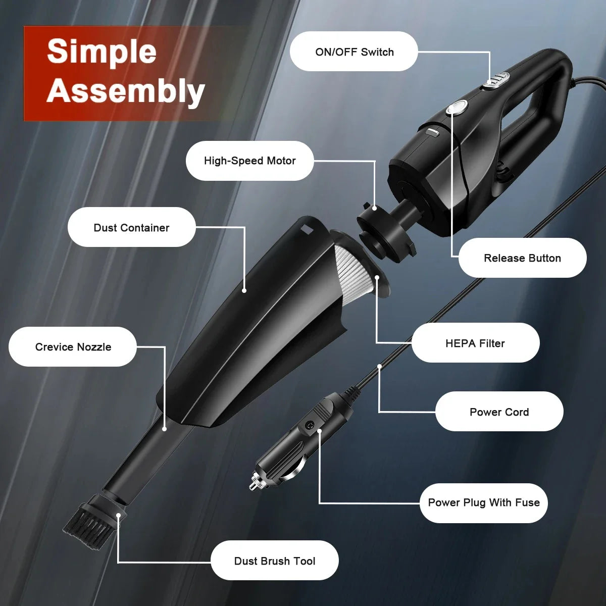 Wired Handheld Portable Mini Car Vacuum Cleaner | 12V High Suction Multi-Purpose Pu additional angle