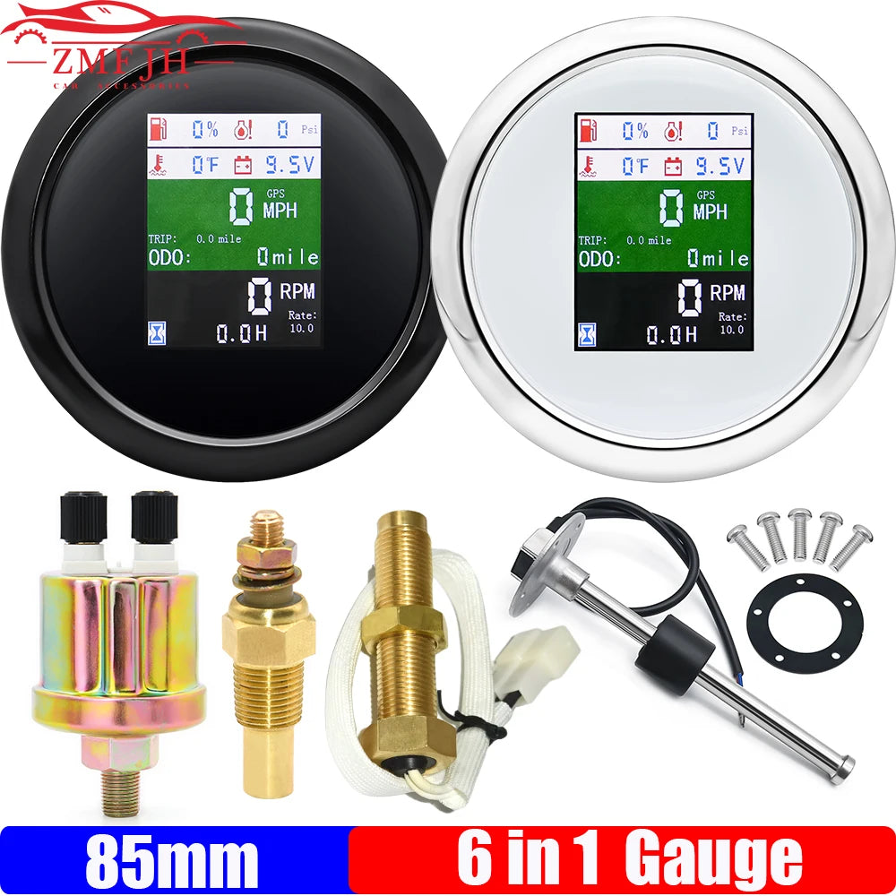 6 In 1 85mm GPS Speedometer with Tachometer and Fuel Level Gauge for Car Boat Marine 12V 24V | Multi