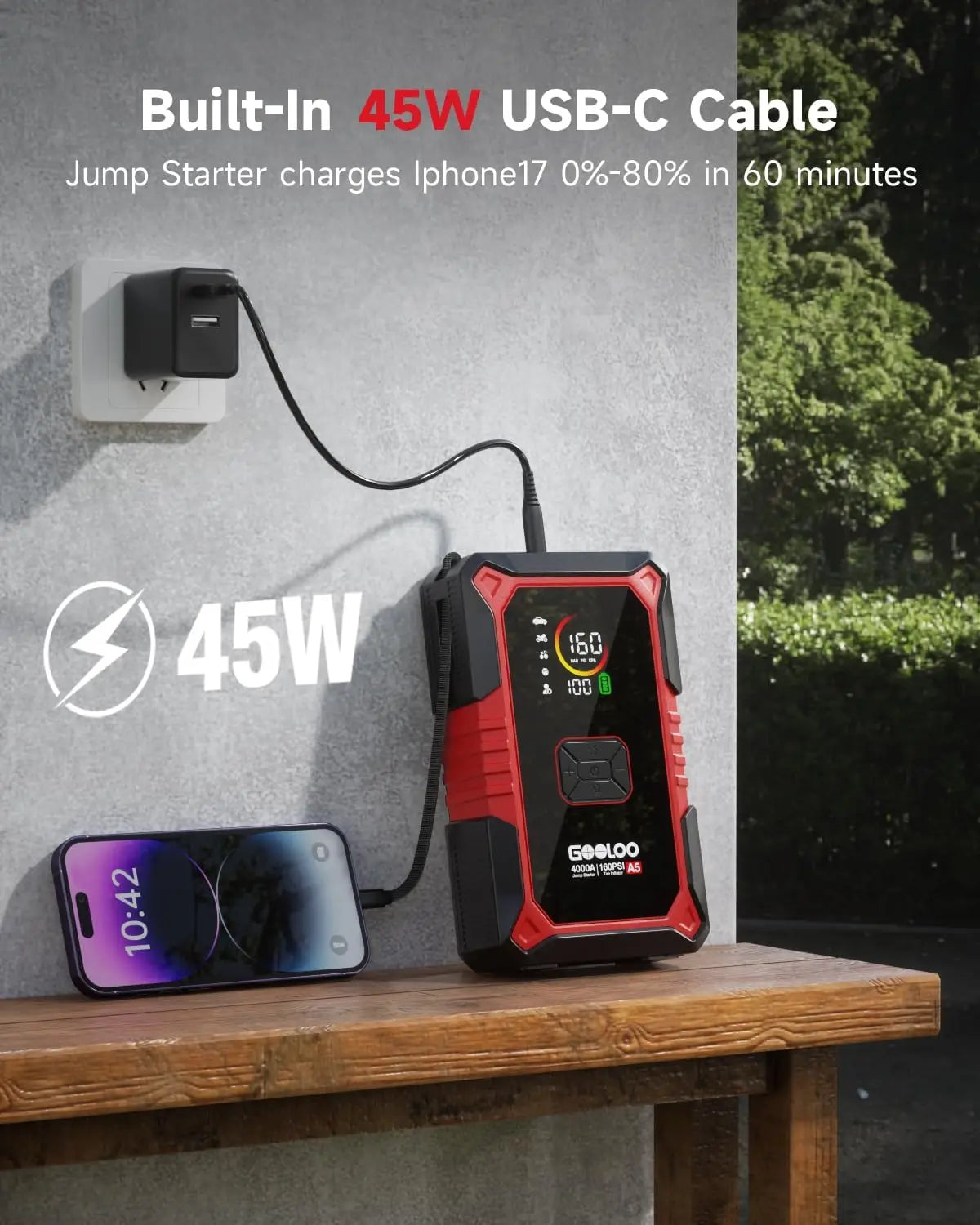 GOOLOO A5 4000A Portable Jump Starter with Air Compressor 12000mAh Car Battery Starter with LED Flashlight And USB Charging