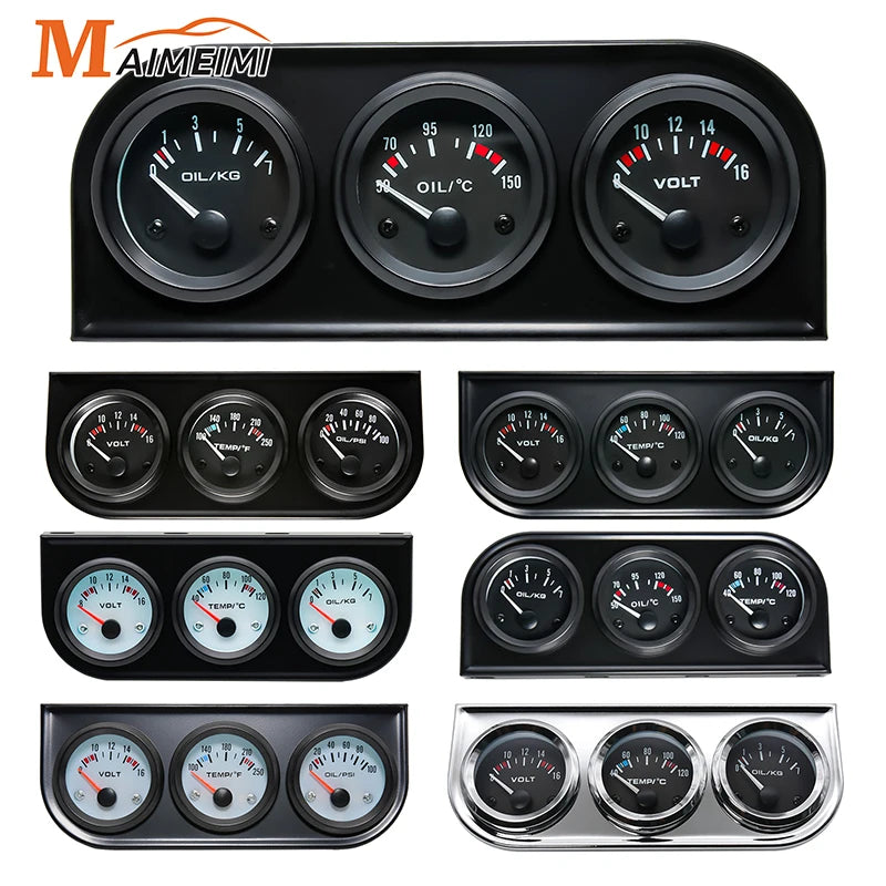 52MM 3 In 1 Oil Pressure Gauge, Volt Meter, and Water Temp Gauge Kit | Triple Meter for 12V Cars