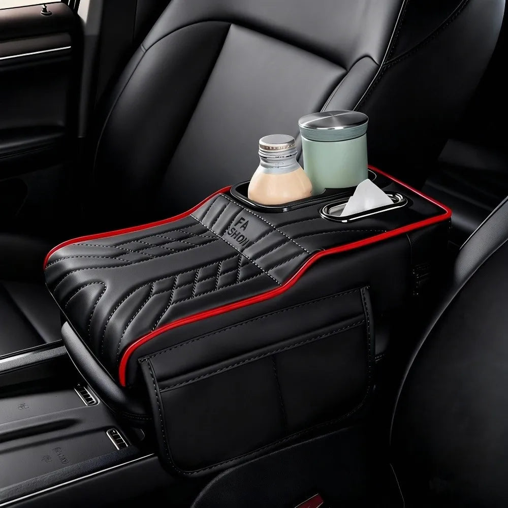 Universal Car Armrest Cushion with Tissue Box & Cup Holder, Multi-Functional Center Console Storage Organizer with Side Pocket
