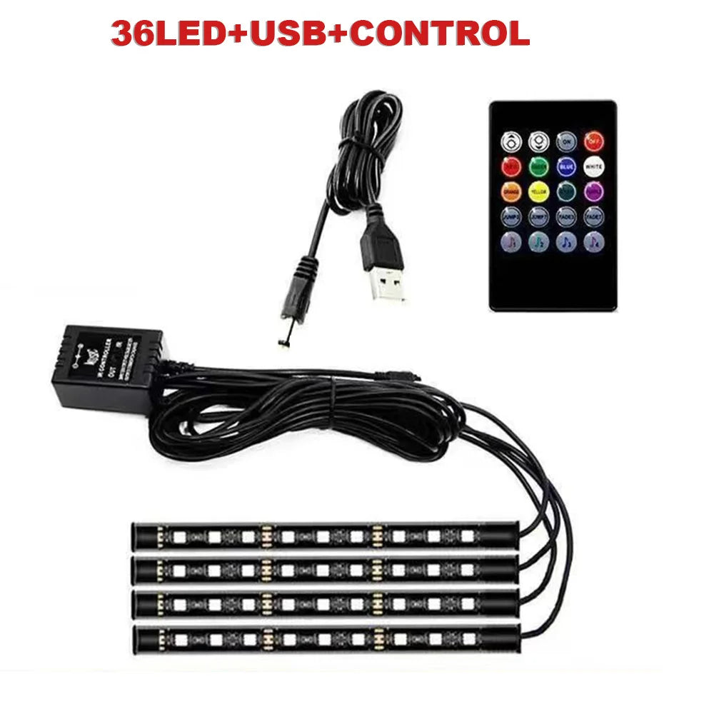 72/48/36 LED RGB Car Foot Ambient Light with USB Cigarette Automotive Interior Ligh additional angle