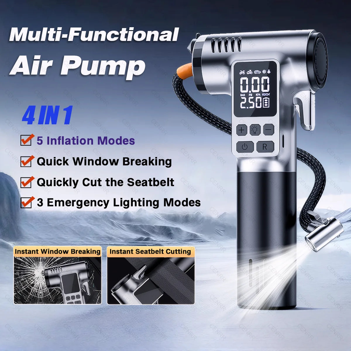 Wireless Car Tire Inflator | Portable Air Compressor with Emergency Tools