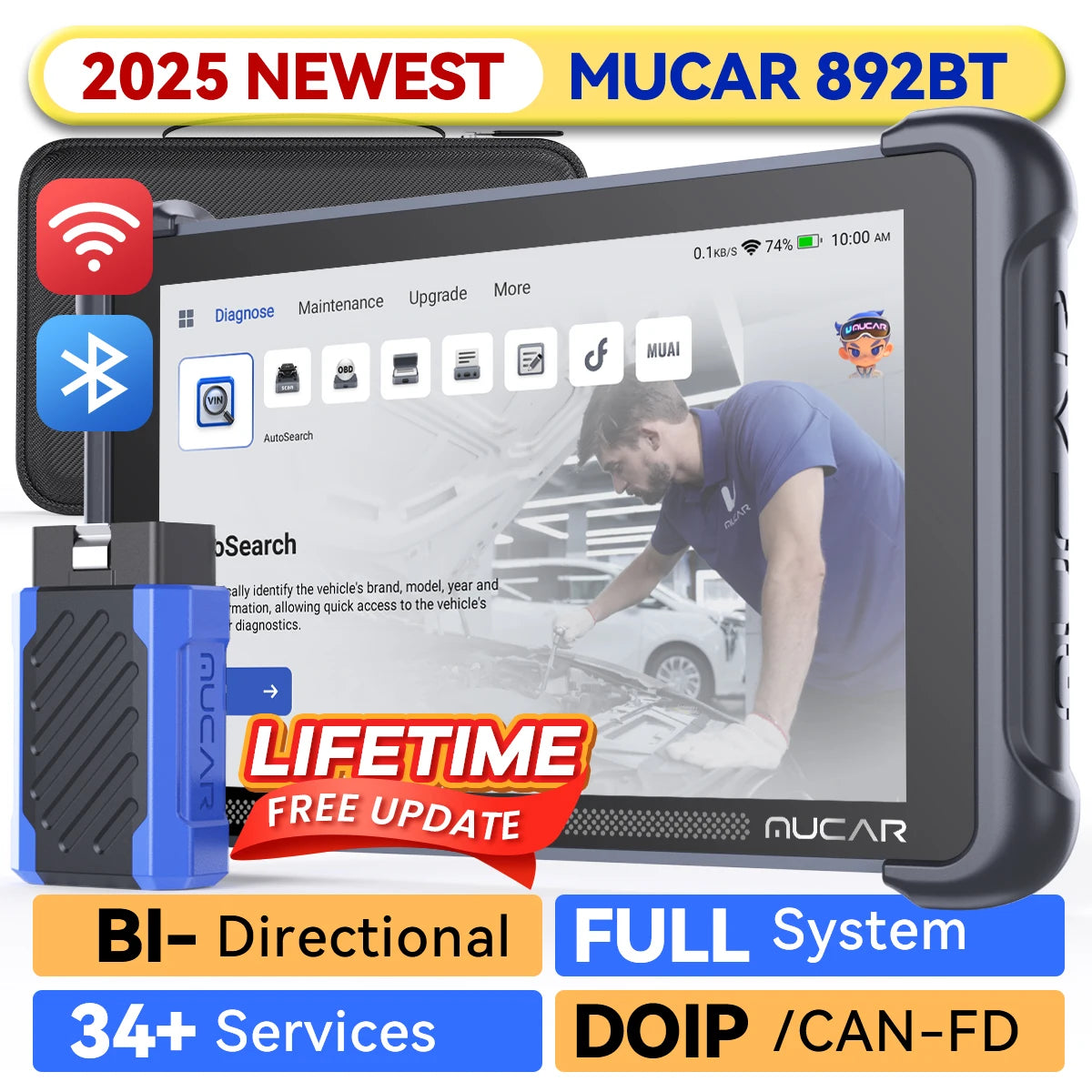 MUCAR 892BT AI Function Car OBD2 Diagnostic Tool 35 Reset ECU Coding Bi-directional Lifetime Free Full System Diagnosis 35 Reset