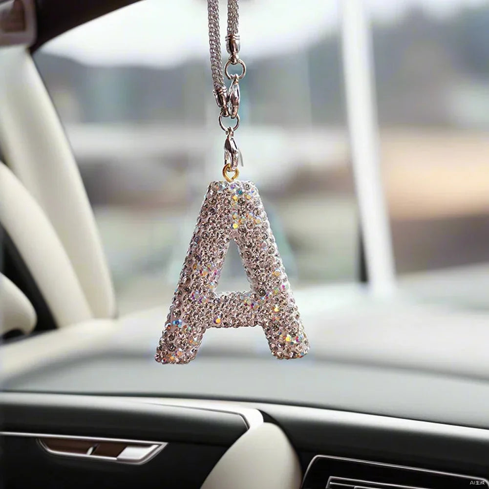 Letter Butterfly Knot Clay Car Interior Accessories Hanging Ornament Women's Rhinestone Car Rearview Mirror Pendant Drop