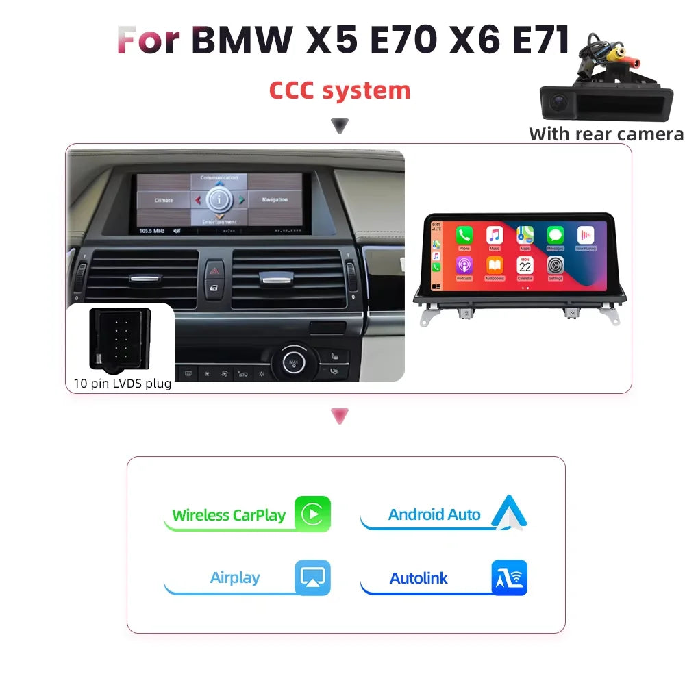 BONROAD Wireless Carplay Android Auto Car Radio For BMW X5 E70 X6 E71 CCC CIC Bluetooth Mirror Link Navigation GPS Touch Screen