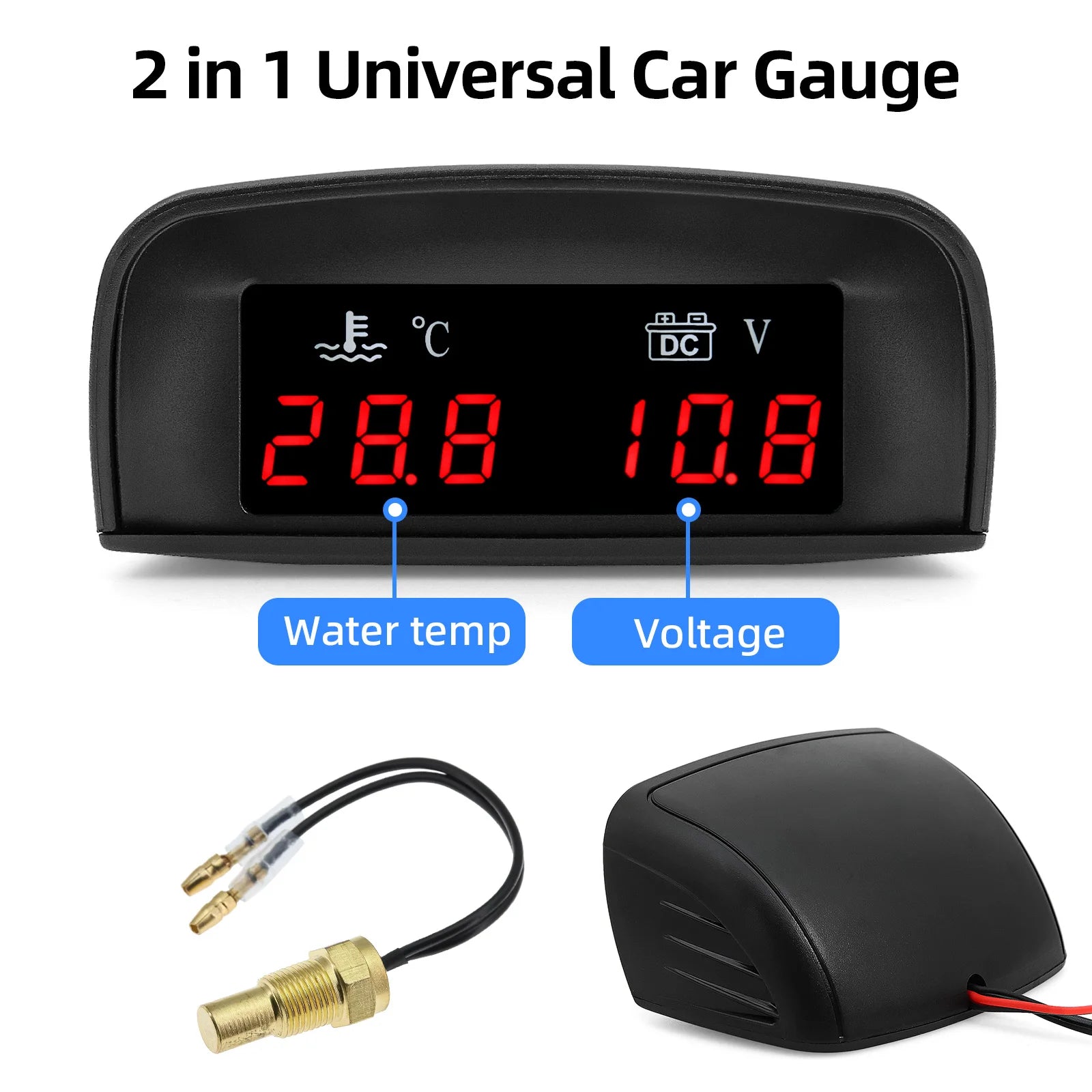 2 In 1 Car Water Temperature and Voltage Gauge | Digital LCD Display with 1/8 NPT Sens close-up view