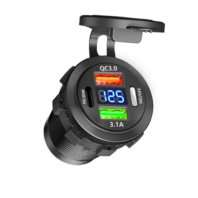 New Car USB Charger PD3.0 & QC3.0 Fast Charging Socket with Voltmeter On/Off Switch 1 alternate view