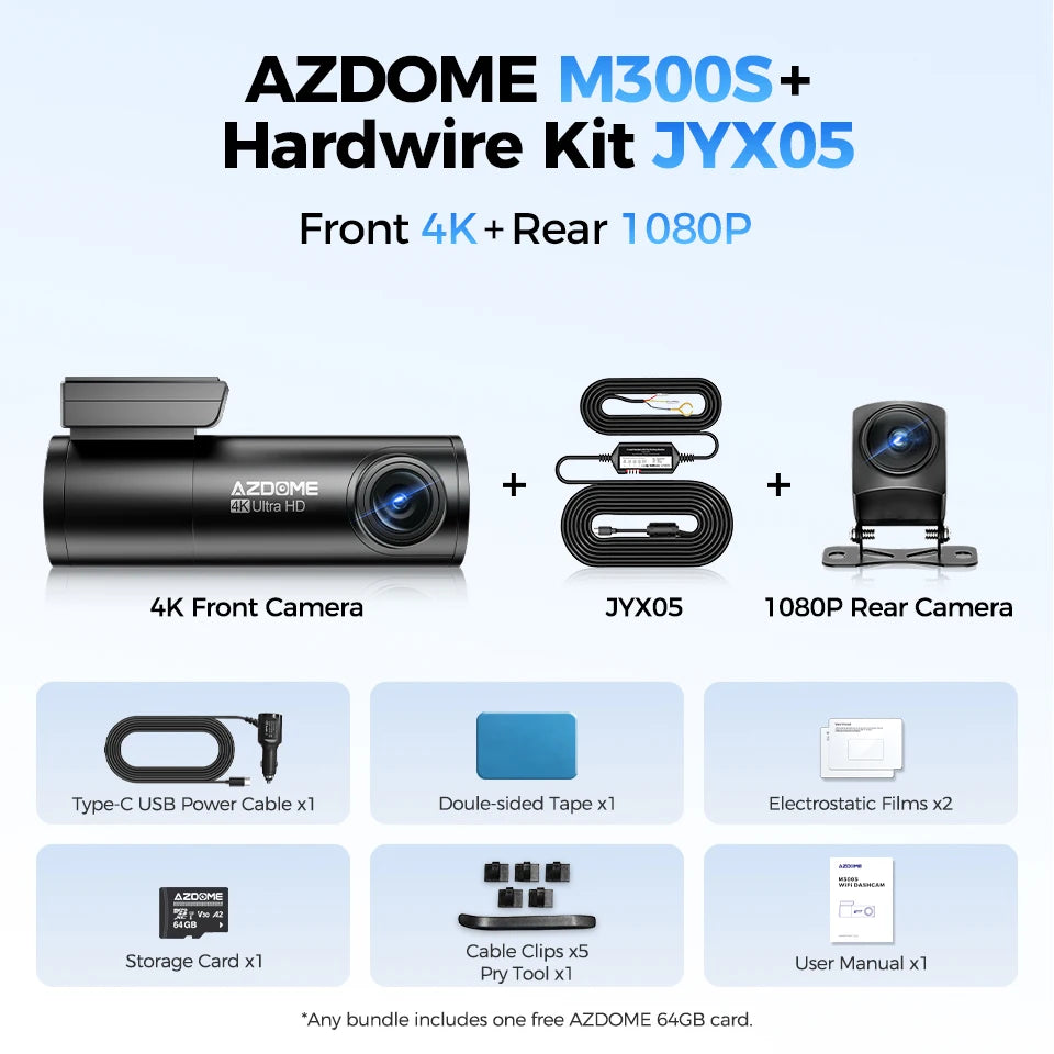 AZDOME M300S Dash Cam 4K+1080P Car Rear Camera Dash Cam 800MP Lens Built-in GPS WIFI Car DVR Voice Control Night Vision 후방카메
