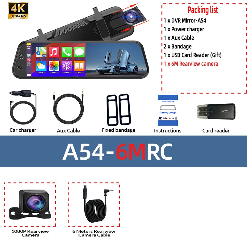 9.66" 4K Mirror Dash Cam | Android Auto, 5G WiFi, GPS, 1080P Rear, 24H Parking detail view