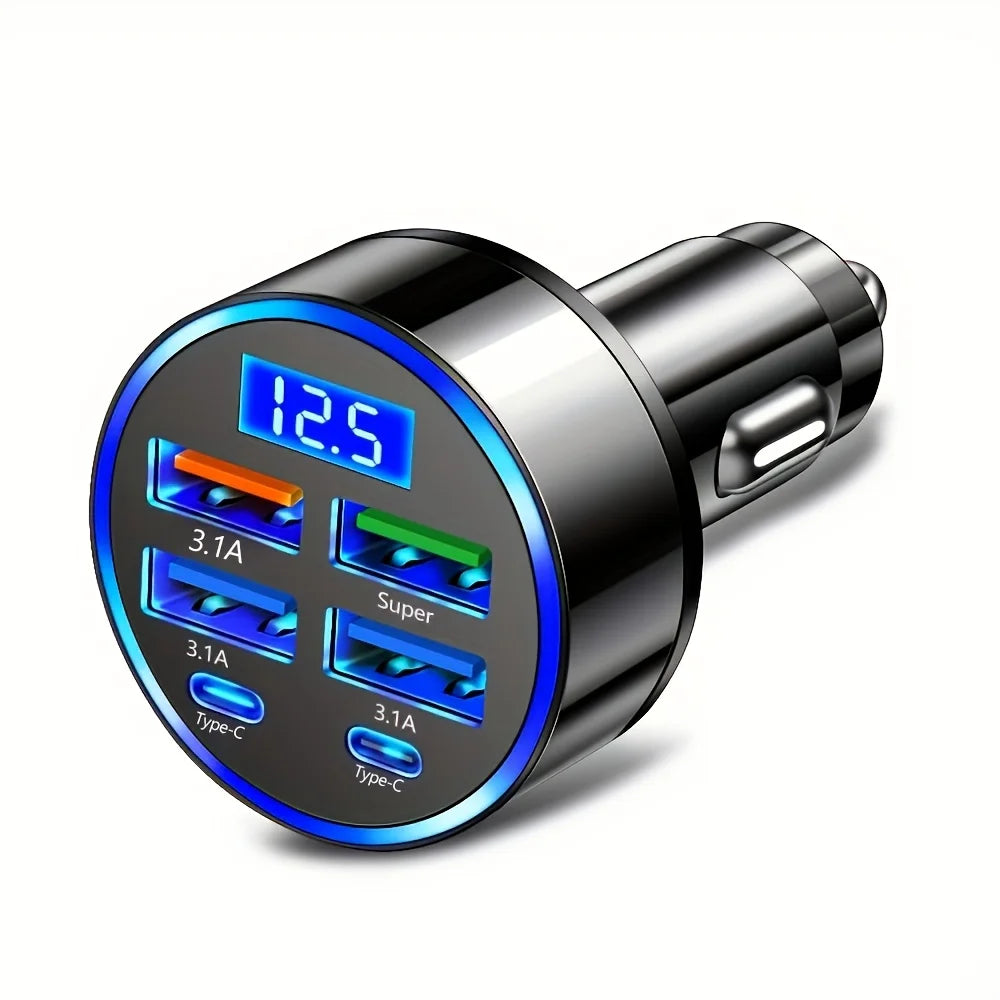 6-in-1 Fast Charging Car Adapter 3.1A Dual Type-C Digital Display Smartphones Table additional angle