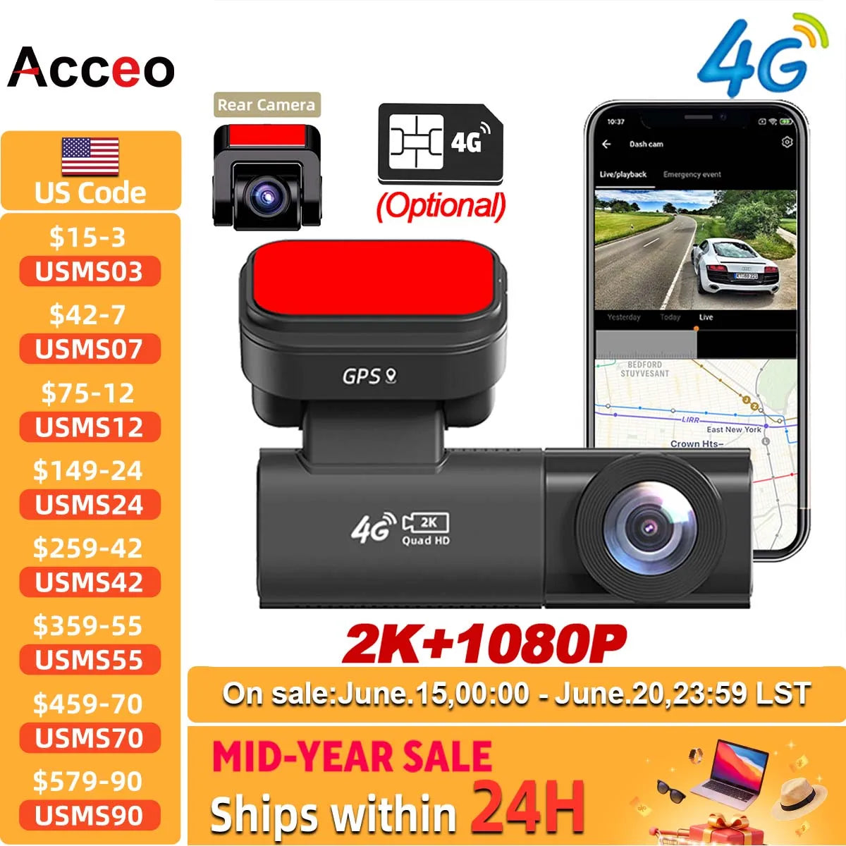Acceo 4G LTE Car Dashcam with GPS Tracking | 2K Front and Rear Camera with Collision Warning and Liv