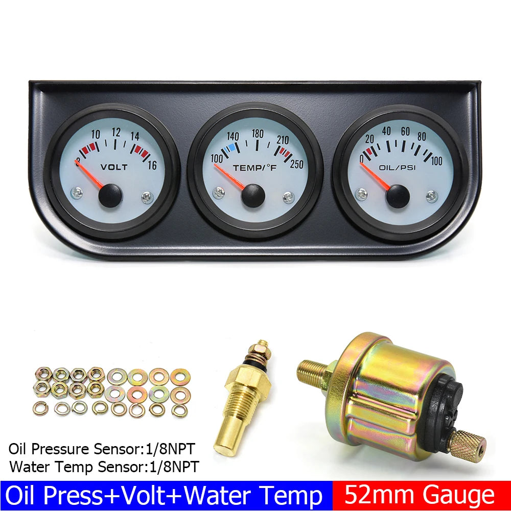 2" 52MM Triple Gauge 3 In 1 Water Temp Oil Pressure Oil Temperature Gauge | Racing Ca alternate view
