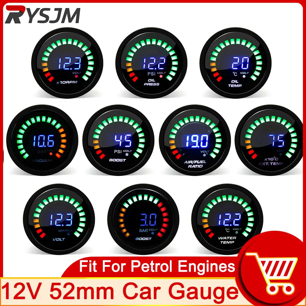 52MM Digital Car Gauge Set with 20 LED Display | Water Temp Oil Pressure Voltmeter AFR EGT Tachomete