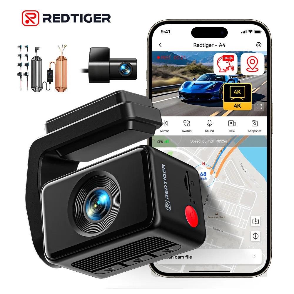 REDTIGER A4 Dash Camera Front and Rear 4k Dash Cam  Drive Recorder for WiFi GPS Car Dvr for 24H Parking Mode Black Box for Car