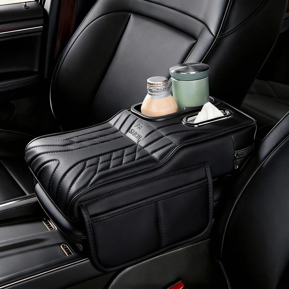 Universal Car Armrest Cushion with Tissue Box & Cup Holder, Multi-Functional Center Console Storage Organizer with Side Pocket