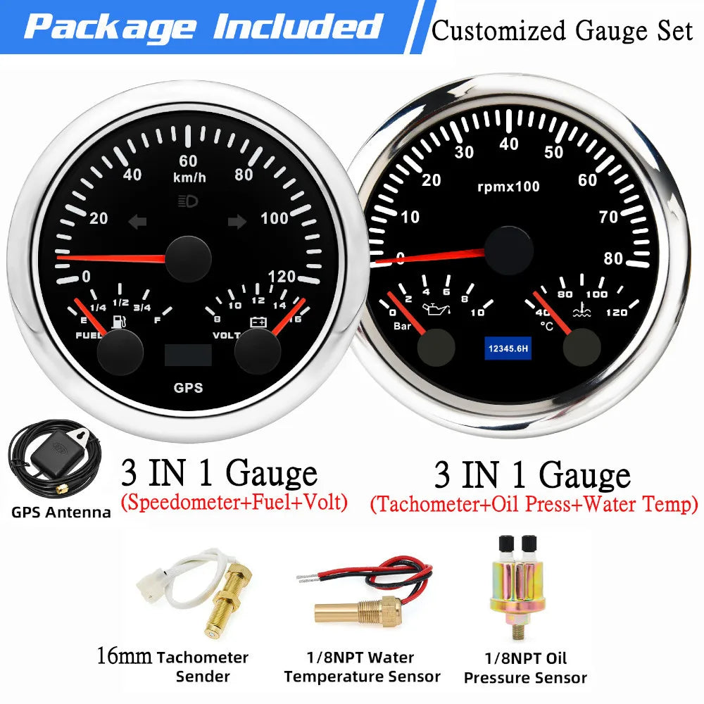 Custom 2 Gauges Set With Sensors Kit | 85mm 3-in-1 GPS Speedometer, Fuel, Tachomete additional angle