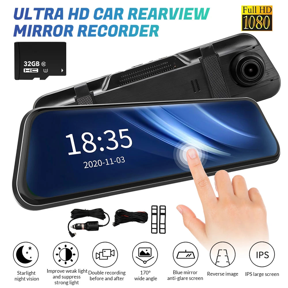 Touch Screen 1080P HD Automotive Driving Recorder Front & Rear Dashcam with Interior Car Camera, Photo Mode, AVI Video Format, Car Electronics Accessory