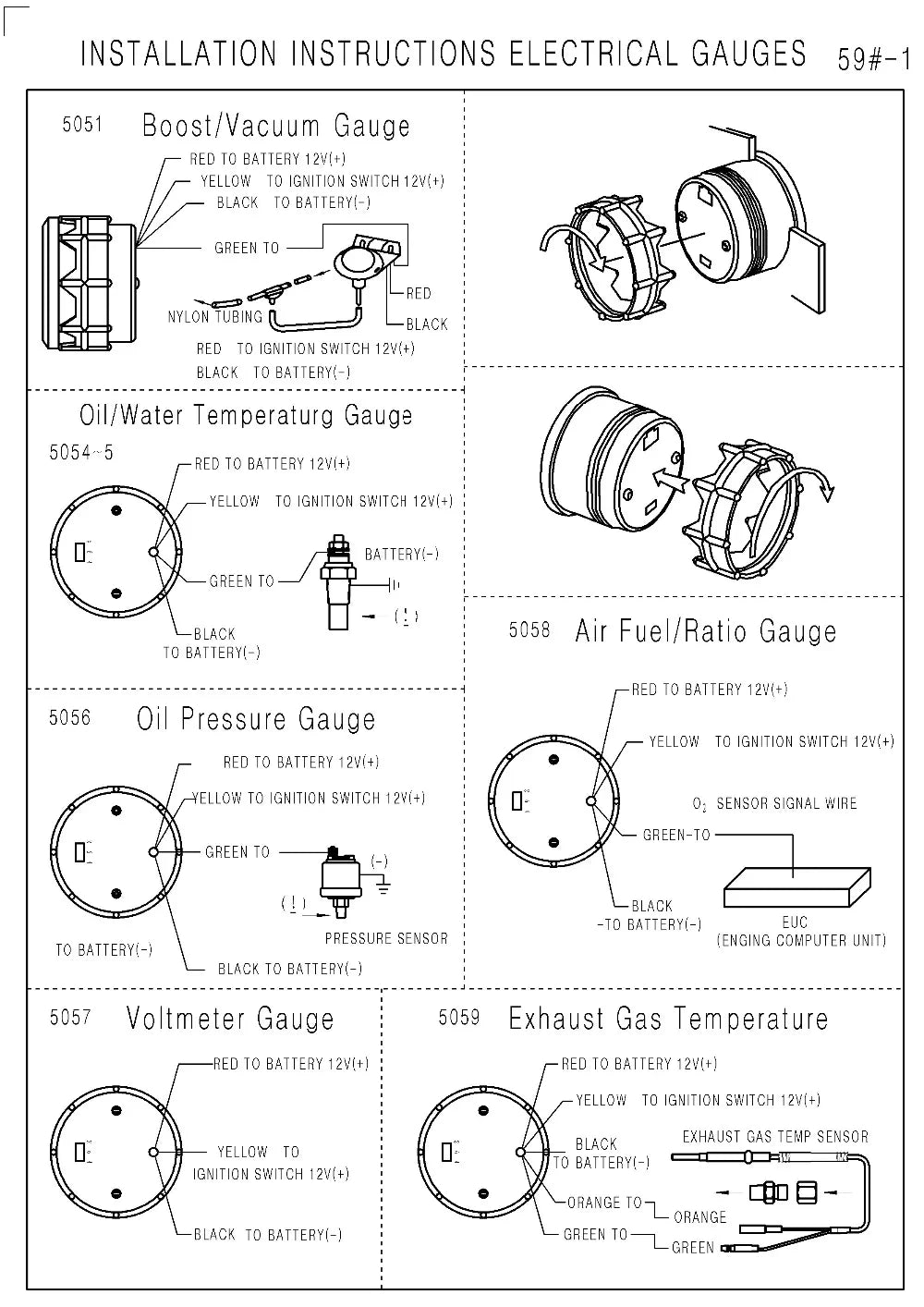 12V 52mm Car Gauge Set | Water Temp Oil Temp Voltmeter Oil Press Vacuum Boost Air Fuel close-up view