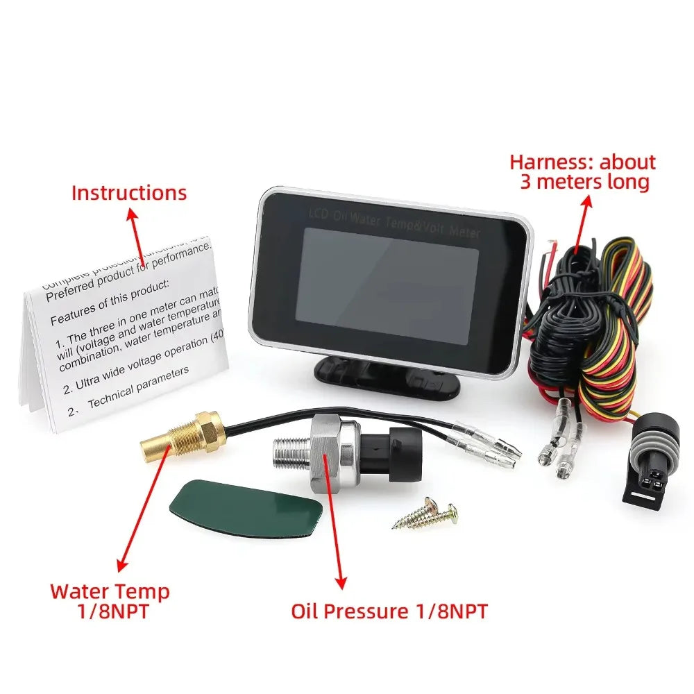 3-in-1 Auto Car LCD Meter Digital Oil Pressure Voltage Water Temperature Gauge Univer lifestyle view