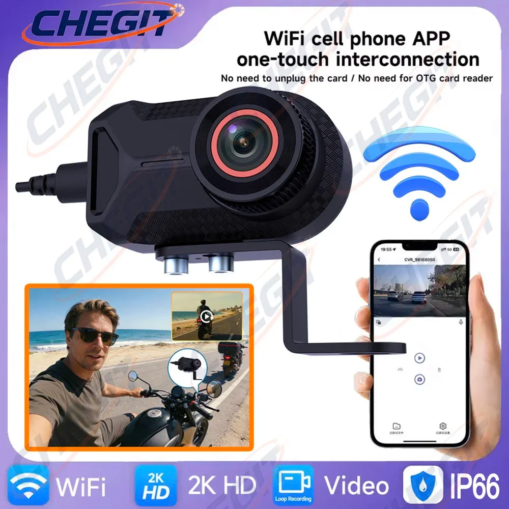 2K Motorcycle Dash Cam | IP66 Waterproof, WiFi, 170° Wide Angle