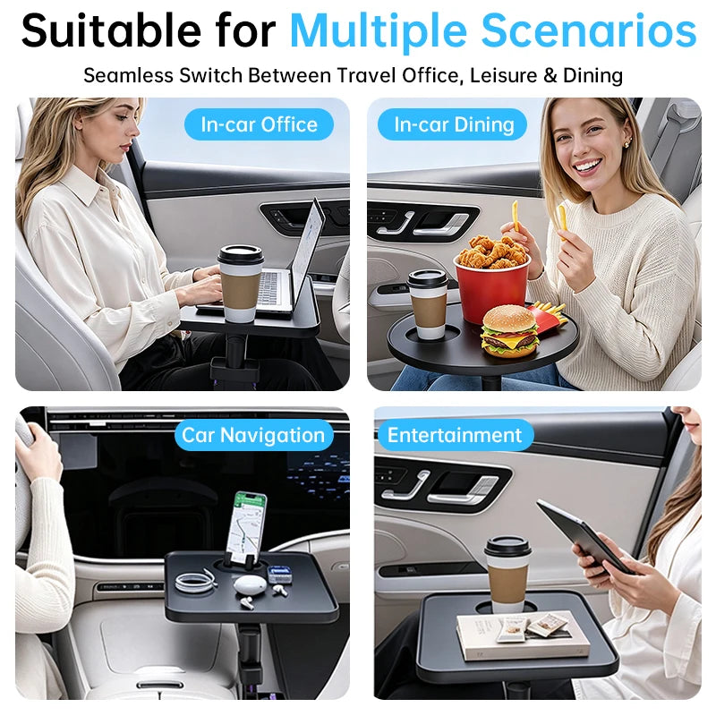New Adjustable Car Seat Gap Mount Table Firm Stable Clamp Design 360 Rotation Height lifestyle view