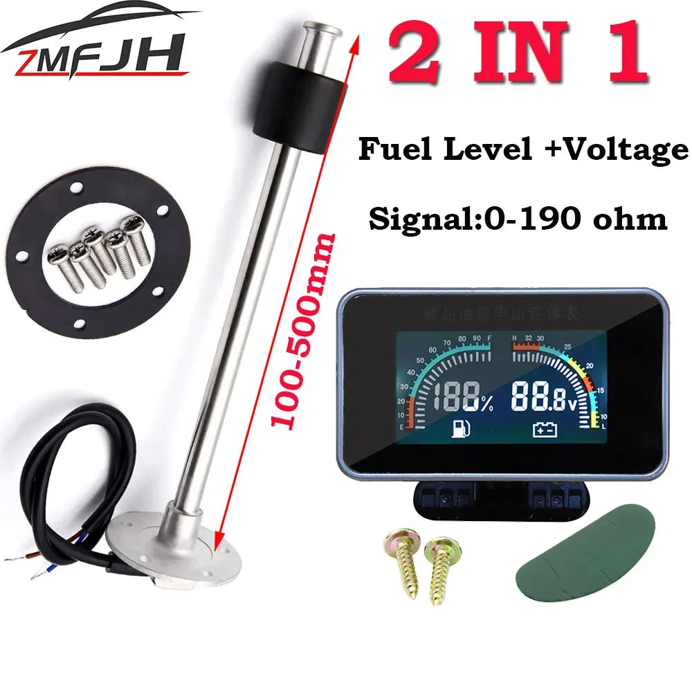 2 IN 1 LCD Car Voltmeter and Fuel Level Gauge | 0-190 Ohm Fuel Float Sensor for Auto Motorcycle