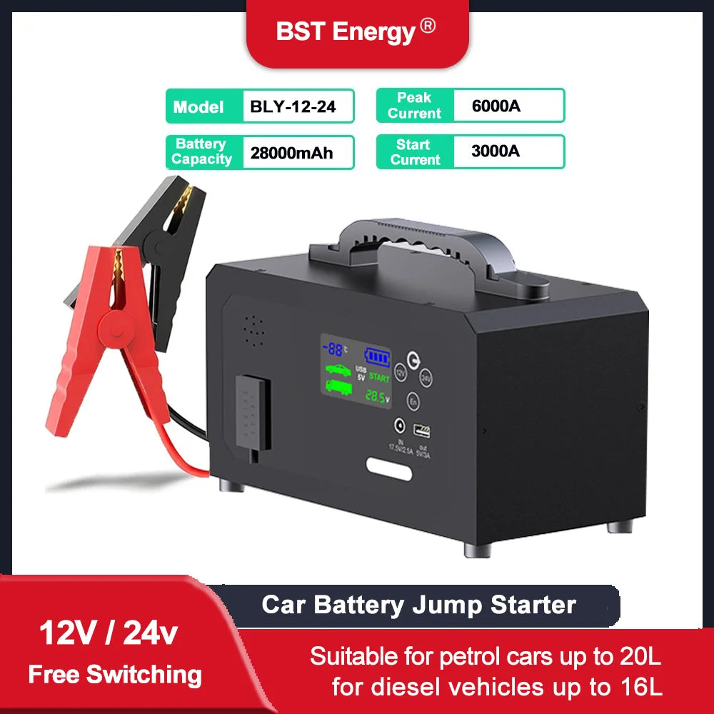 6000A Car Jump Starter Power Bank 28000mAh | Portable Emergency Booster for 12V 24V Gasoline and Die