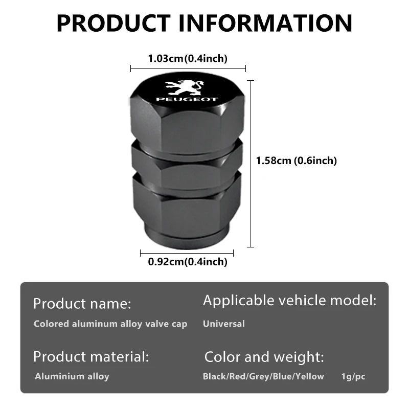 4PCS Car Wheel Tire Valve Stem Caps | Aluminum Alloy Dust Caps for Peugeot Models additional angle