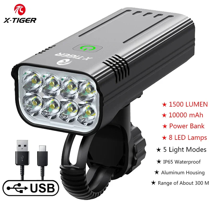 X-TIGER Bike Front Light Set Waterproof MTB Bicycle Lamp 5200mAh USB Rechargeable LED Bi detail view