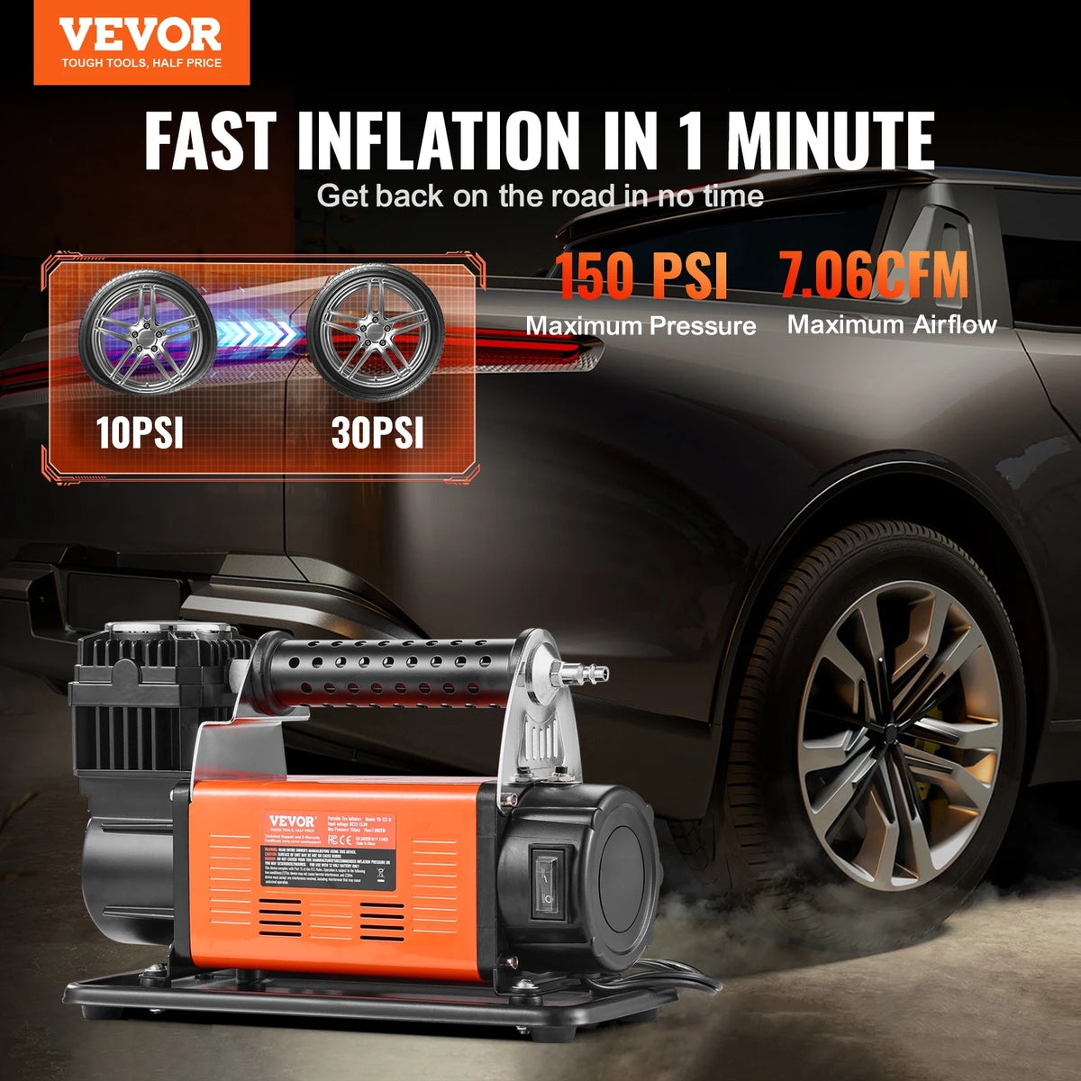 SucceBuy 12V Portable Tire Inflator 7.06CFM Heavy Duty Air Compressor 150PSI Offroad Air Pump with Adapters for Car SUV RV Truck