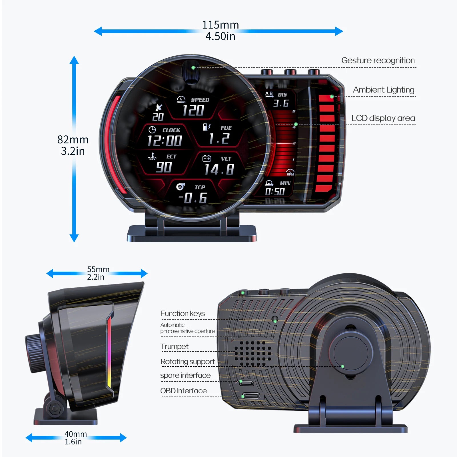 2026 Car Head up Display OBDⅡ+GPS Smart Gauge High Definition Speedometer WIth Gesture sensing Car Diagnostic Tool OBD Fault