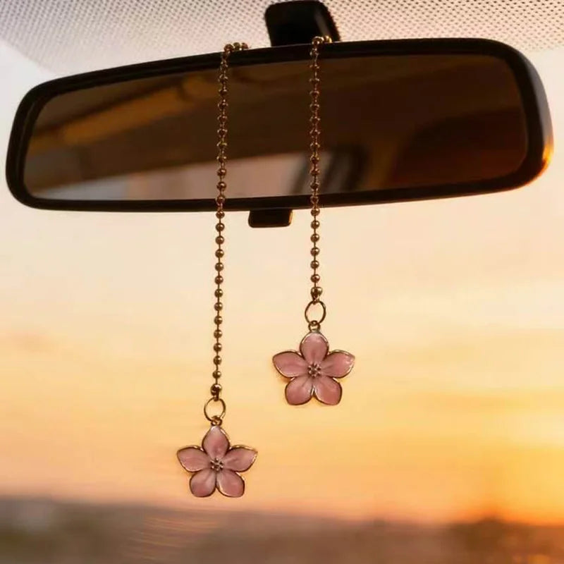Car Rearview Mirror Pendant Pink Sakura Flower Pendant with Gold Chain Cute Auto Interior Decor Gifts for Women Decoraction