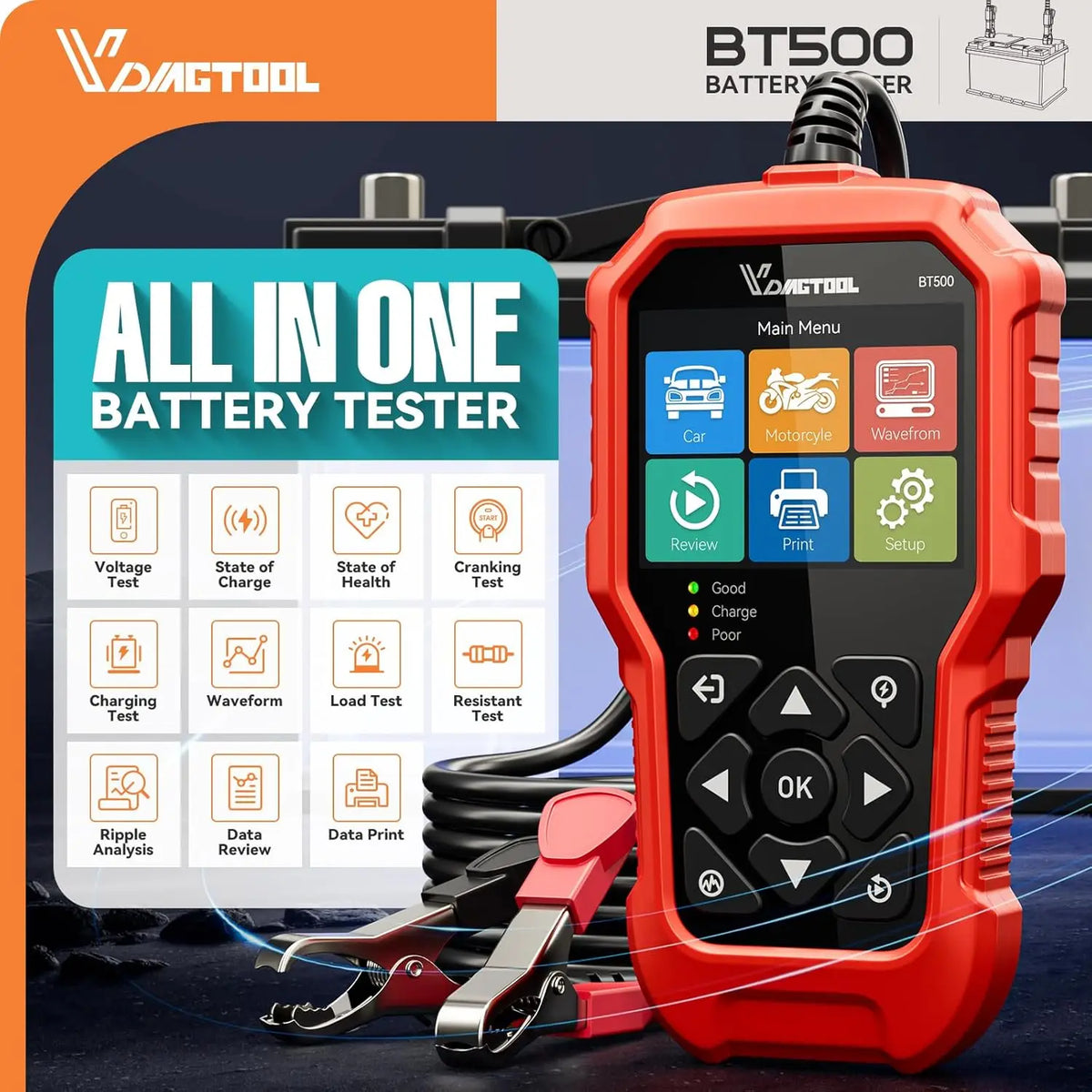 VDIAGTOOL BT500 9-24V Car Battery Tester 5-3000 CCA Automotive Alternator Tester Auto Battery Analyzer Charging Cranking Tester