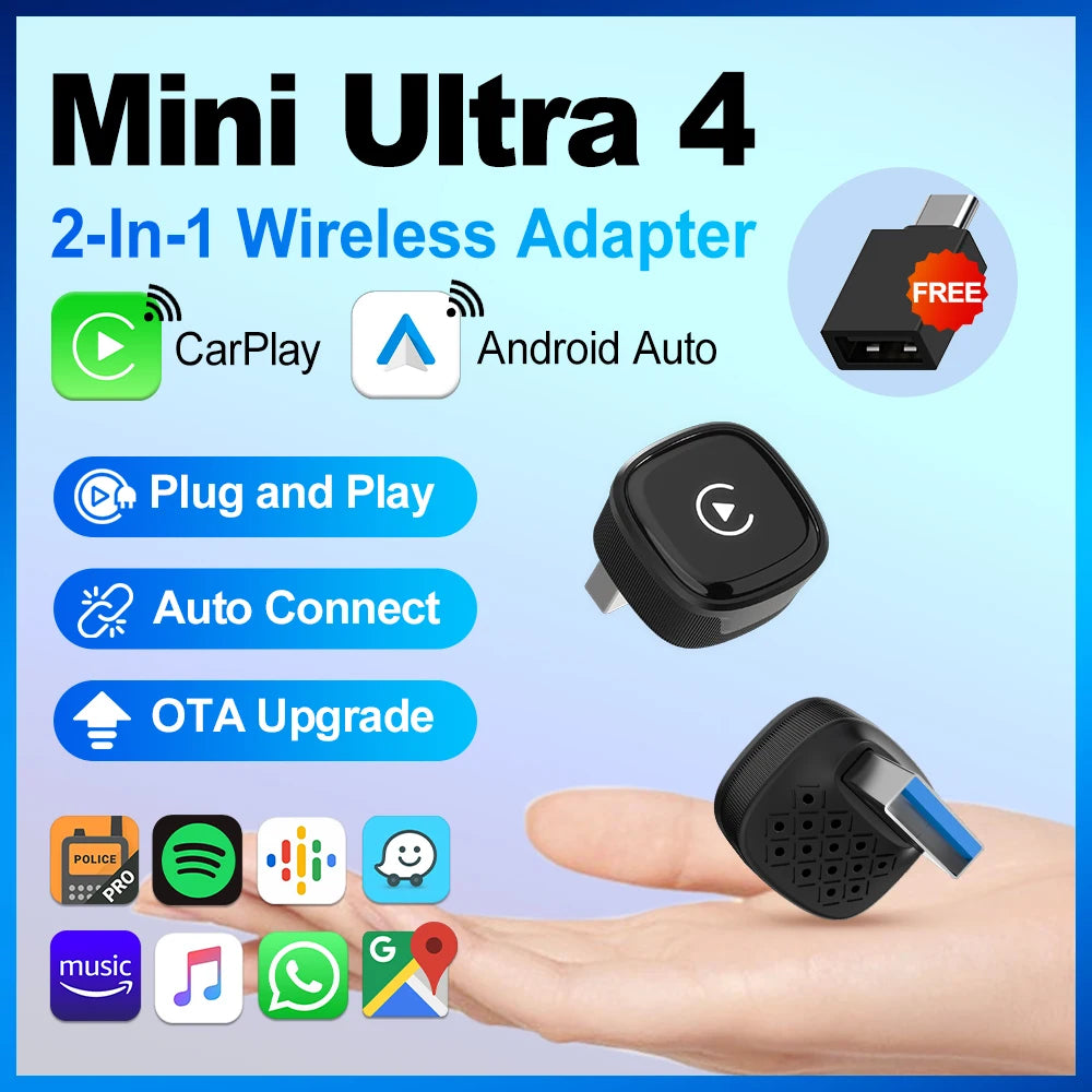 2026 Mini Ultra 4 Original 5.0 Wireless Android Auto CarPlay 2-In-1 Smart Car Box Wireless Auto Conn