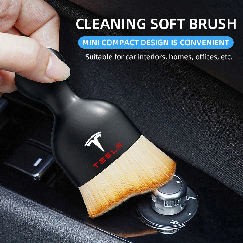 Car Interior Cleaning Soft Brush & Microfiber Towel Set | Tesla Model 3 Y close-up view