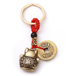 Brass Lucky Cat Keychain with Five Emperor Coins alternate view
