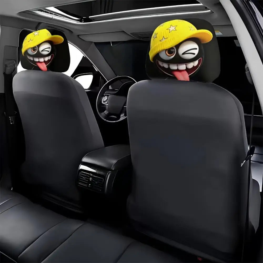 2Pcs Cute Black Coal Ball Car Headrest Covers, Yellow Star Beanie Winking Tongue Out, alternate view