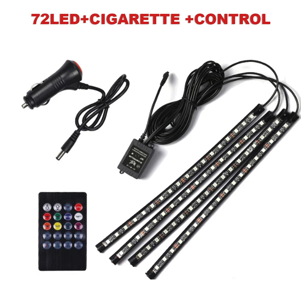 72/48/36 LED RGB Car Foot Ambient Light with USB Cigarette Automotive Interior Lights St detail view