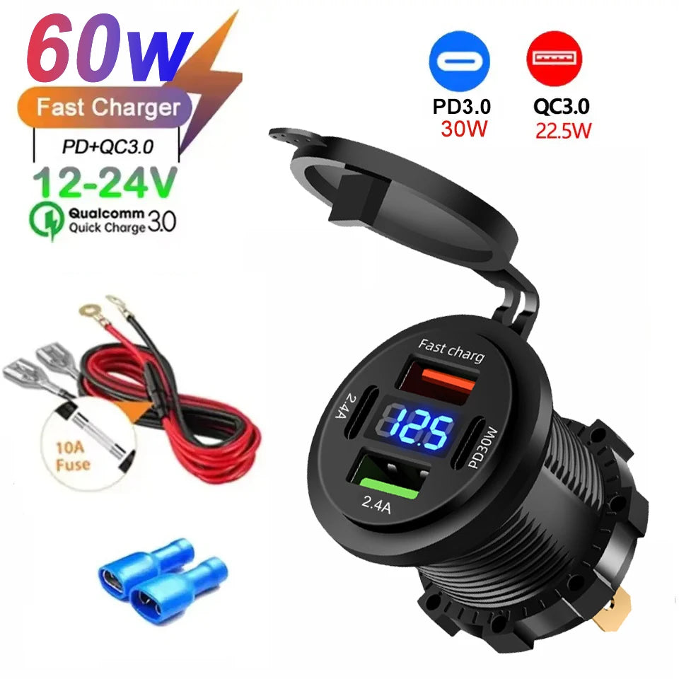 New Car USB Charger PD3.0 & QC3.0 Fast Charging Socket with Voltmeter On/Off Switch 1 lifestyle view