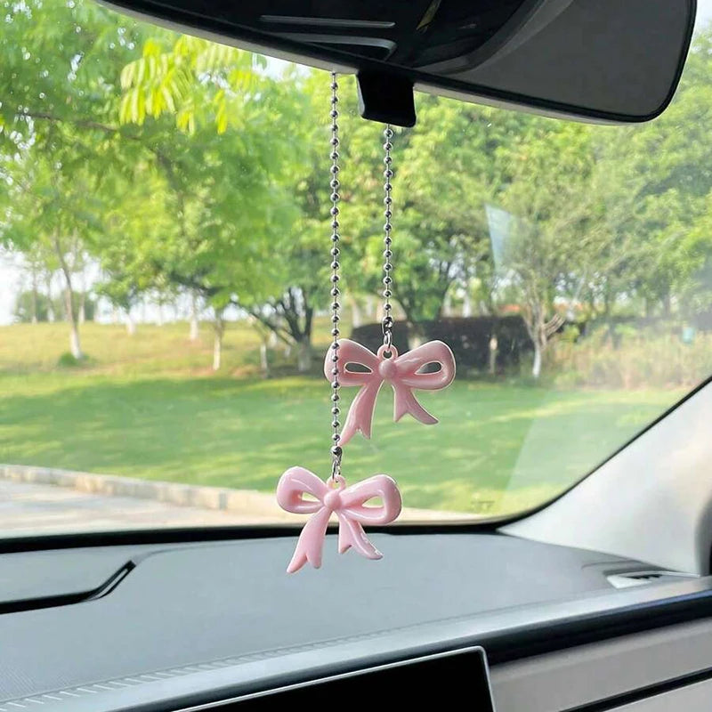 Car Rearview Mirror Pendant Stainless Steel Beaded Chain Bow