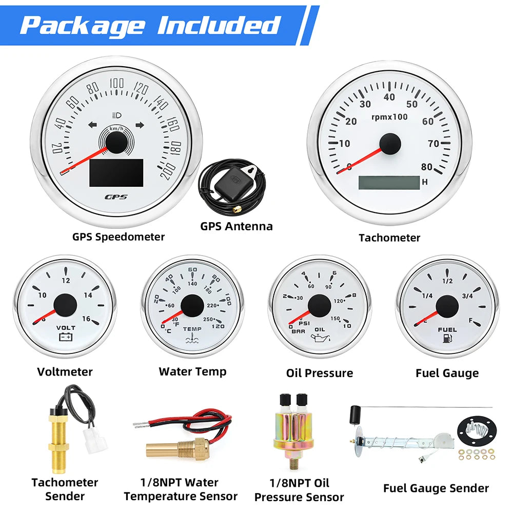 6pcs Gauge Set 160MPH 200km/h GPS Speedometer Tachometer Water Temp Fuel Voltmeter Oi alternate view