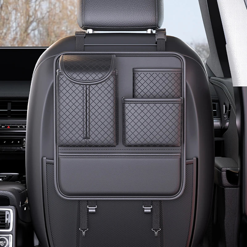 Car Seat Back Organizer with Tissue Holder, Rhombic Pattern Leather Storage Bag alternate view