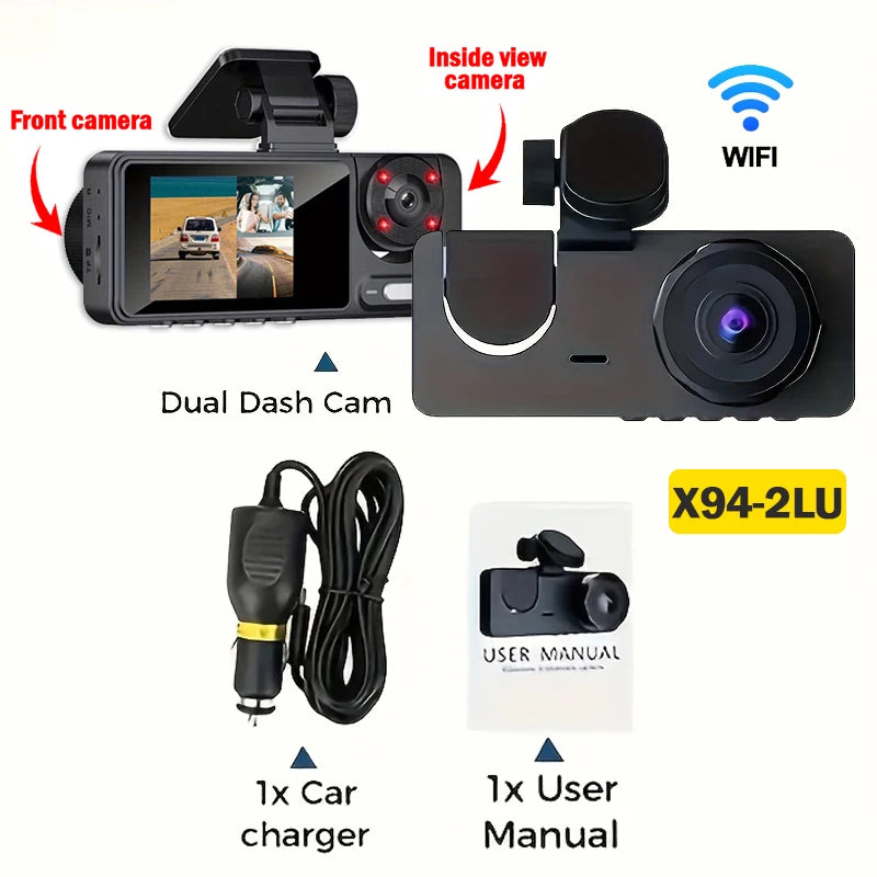 WIFI 3 Lens Dash Cam | 1080P Car DVR Front Rear Interior Recorder with Night Vision detail view