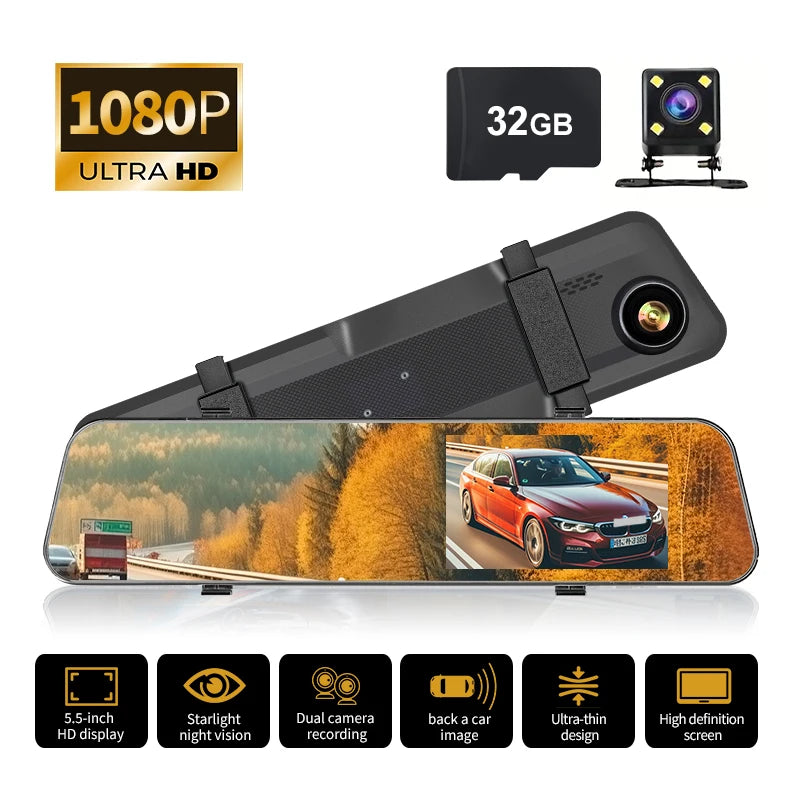 5.5" Rearview Mirror Dash Cam | 1080P HD, Front & Rear Dual Recording